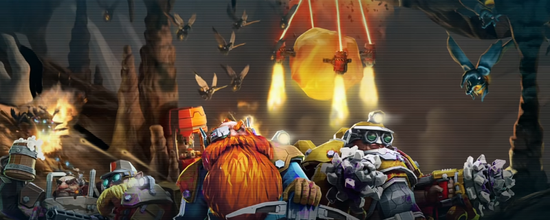 《深岩银河》中侦察兵角色立绘特写:头戴探照灯头盔、身着橙黑相间动力装甲,手持高亮探照灯与精准步枪,背景为熔岩洞穴与悬浮矿石