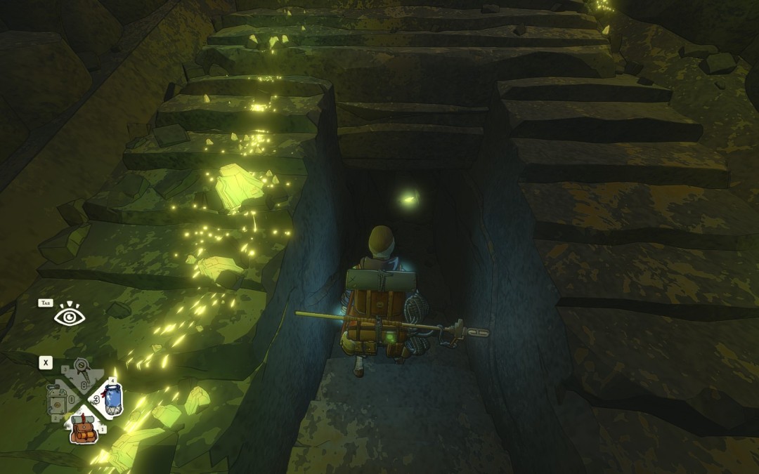 俯视角地图示意:矿洞内部结构简图,红点标注三处碎片位置——岩壁、左近地面、右近地面