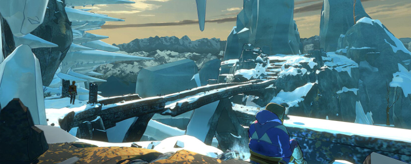 《孤山独影》游戏界面特写：主角手持泛黄信件立于古朴村落石板路中央，背景是低饱和度的灰蓝色天空与错落屋顶，光影柔和而富有寂寥感