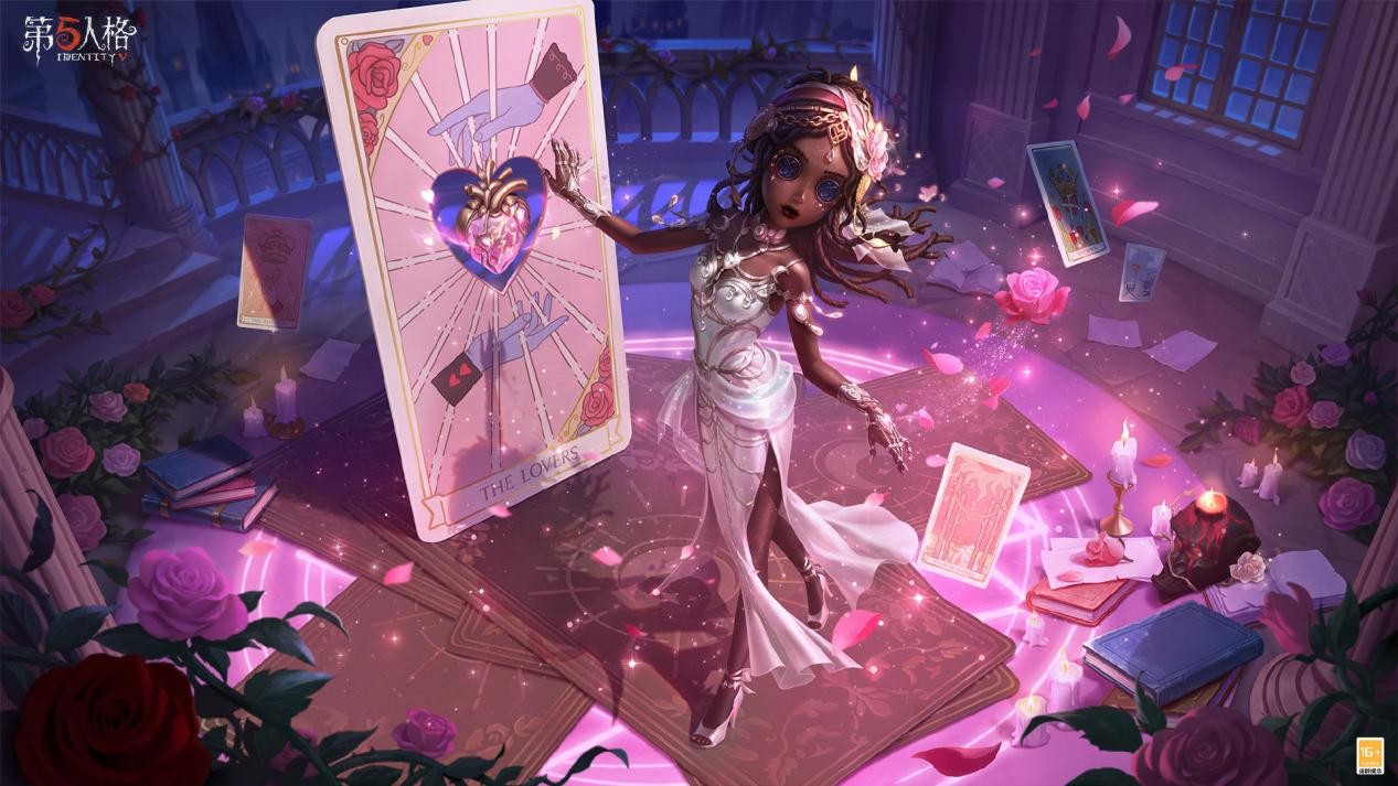 咒术师-繁花卜梦动态立绘：角色侧身抬手触碰空中悬浮塔罗牌，牌面浮现发光心形，身后繁花如星尘般螺旋升腾
