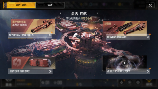 游戏内邮件系统特写界面,醒目显示‘盘古启航’奖励包裹,内含玉衡巡洋舰蓝图图标、齿轮状装备图标及卷轴形技术档案图标