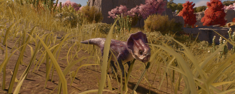 《侏罗纪世界:进化3》游戏内高清界面截图:中央为通体暗红带荧光条纹的暴虐霸王龙,背景是高科技基因实验室与全息DNA双螺旋投影,科技感与野性张力并存