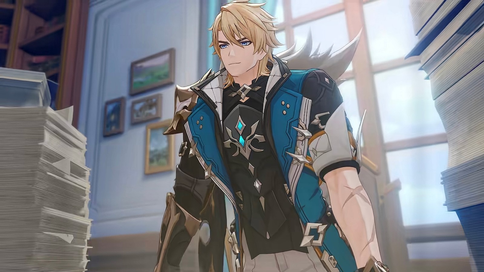 法尔伽角色立绘高清图:银灰长发随风扬起,左臂佩戴刻有狼首纹章的护甲,右手持双刃长剑,脚下浮现半透明风涡,眼神坚毅中透出守护者的温柔