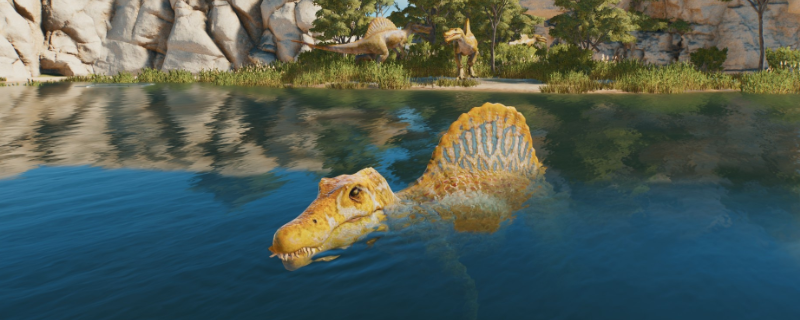 《侏罗纪世界:进化3》游戏内UI界面特写,左侧为中型食肉动物图鉴列表,右侧显示‘可安全共存’高亮标签及围栏内多龙和谐共处的实景渲染图