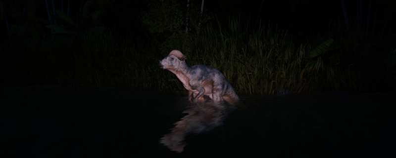 《侏罗纪世界:进化3》游戏内界面截图:三只形态各异的食腐恐龙在开阔草原上缓步行走,背景可见木质围栏与远处的游客观景台,画面光影细腻,植被逼真