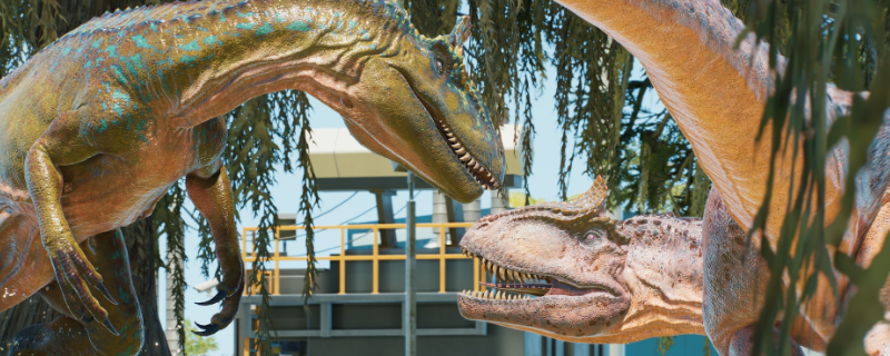 《侏罗纪世界：进化3》游戏内蜥脚类恐龙群像实机截图：多只庞然巨兽伫立于开阔草原，长颈伸向高大树冠，阳光勾勒出恢弘剪影