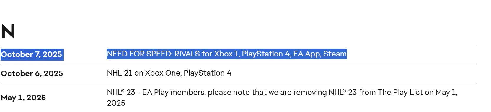 EA官网页面截图,显示《极品飞车18:宿敌》处于‘即将下架’状态,下方标注‘Online services ending October 7, 2025’