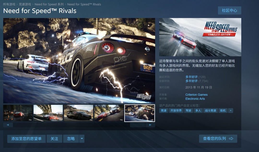 《极品飞车18:宿敌》Steam商店页面截图,显示‘Mostly Positive’评价标签及发售日期‘Nov 15, 2013’