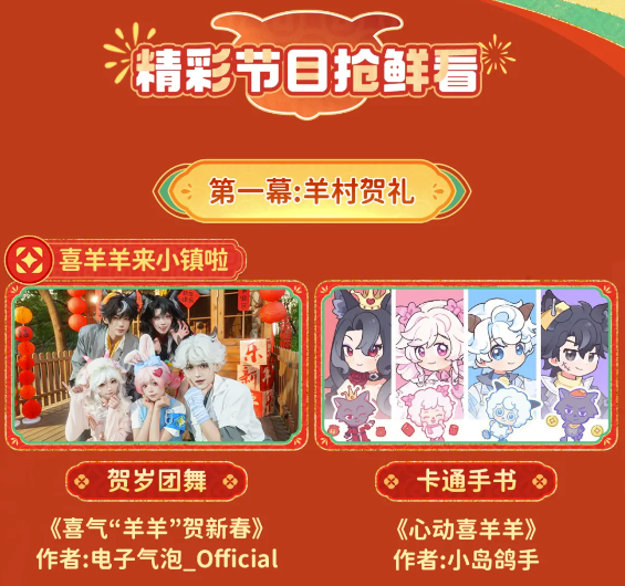 混剪视频截图：Coser版安妮与喜羊羊共跳团舞，背景是动态烟花与滚动春联，画面右下角浮现‘19:00 羊村春晚大舞台’倒计时标识