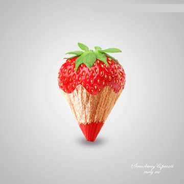 最终完成图：一颗鲜红多汁的草莓中央自然‘生长’出一支黄色铅笔，笔尖微露石墨，果蒂与木质纹理衔接浑然天成，整体色调清新活泼，极具传播力与收藏价值