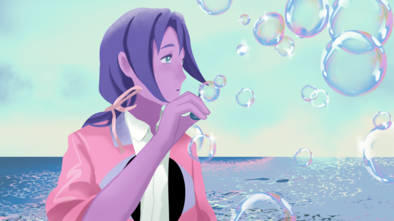 游戏场景截图：黄昏下的魔法学院天台，少女倚靠雕花栏杆眺望远方，裙摆与发丝被风吹起，空中悬浮着缓慢旋转的发光心形符文阵列