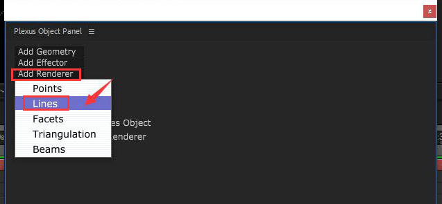 Plexus插件面板中Add Renderer区域特写,Lines按钮被明显点击并高亮,右侧同步显示Camera图层已成功添加至时间轴