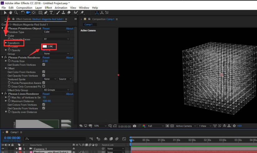 After Effects效果控件面板特写,Transform区域Color按钮呈激活状态,色轮弹窗显示当前选取为青蓝色系,下方Size数值滑块设为1.8