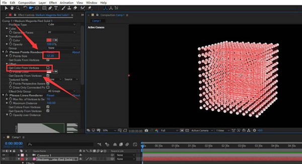 最终成片效果对比图:左半图为未调色的灰白点线网络,右半图为应用青橙双色调后的动态粒子流,线条边缘带有微妙的辉光扩散效果