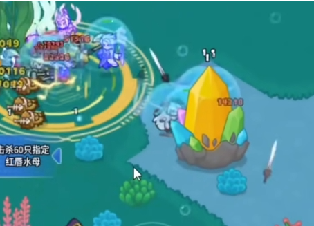 《百炼英雄》高难度矿点战斗特写：角色释放金色圣骑大招，地面浮现巨大光阵，四周小怪被击飞，中央矿石散发强烈七彩光芒