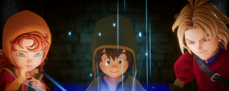 《勇者斗恶龙7：重制版》游戏内界面截图：主角队伍站在港口城镇广场，背景可见铁匠铺与道具店招牌，UI下方显示‘装备’‘道具’‘锻造’等图标，整体色调温暖复古