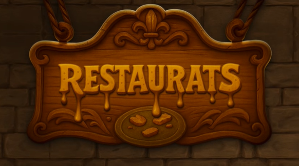 《鼠鼠餐厅》Steam页面主视觉图：一群拟人化老鼠身着中世纪围裙与厨师帽，站在古朴石砌餐厅门前，背景飘着烤鸡、酒桶与飞溅酱汁的夸张特效