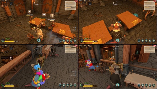 厨房特写：多只老鼠协同作业，一只拉风箱、一只翻烤叉、一只用尾巴卷起调味瓶撒香料，灶台火焰跃动，背景架子挂满猪蹄与干辣椒串