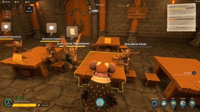 UI界面截图：任务面板弹出‘安抚暴怒的骷髅酒保’指令，下方倒计时跳动，右侧食材栏显示‘新鲜蝙蝠翼×3’‘龙息辣椒粉×1’等搞怪原料