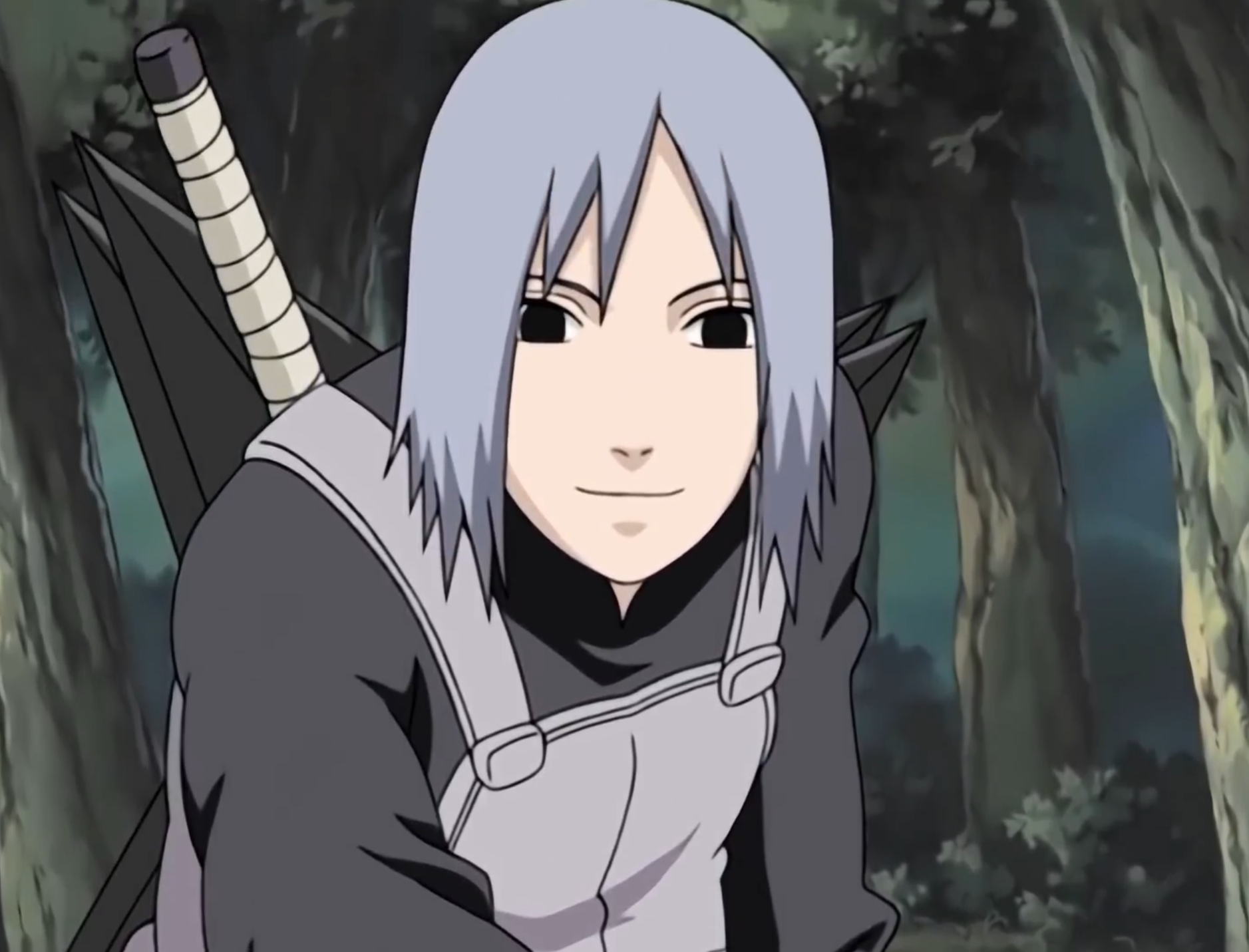 信身着深灰风衣与暗部面具，侧身立于枯枝断壁间，左手轻按佐井肩头，背景泛着冷蓝微光，眼神沉静而充满守护感