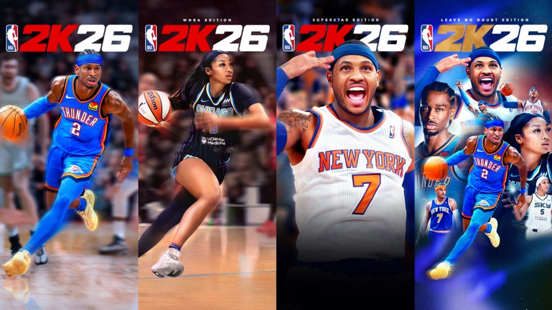 《NBA 2K26》官方封面群像海报：中央是身着雷霆队服、神情自信的Shai Gilgeous-Alexander，左侧为身穿芝加哥天空队战袍、手持篮球展露锋芒的Angel Reese，右侧是身着经典甜瓜球衣、目光坚毅的Carmelo Anthony，三人背景融合NBA与WNBA标志元素及金色‘2K26’立体字样