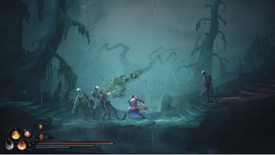 NG+专属武器概念图拼贴：左为散发冰晶粒子特效的银白法杖，中为滴落暗红色液体的锯齿短刃，右为镶嵌符文巨眼的黑色战锤，背景为燃烧的女巫祭坛浮雕